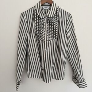 Orvis Womens Striped Pleated Bib Front Blouse Olive Green Peter Pan Collar Sz18